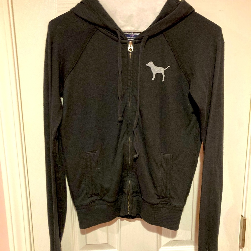 Victoria’s Secret black jacket with hood and peace sign on back with zipper